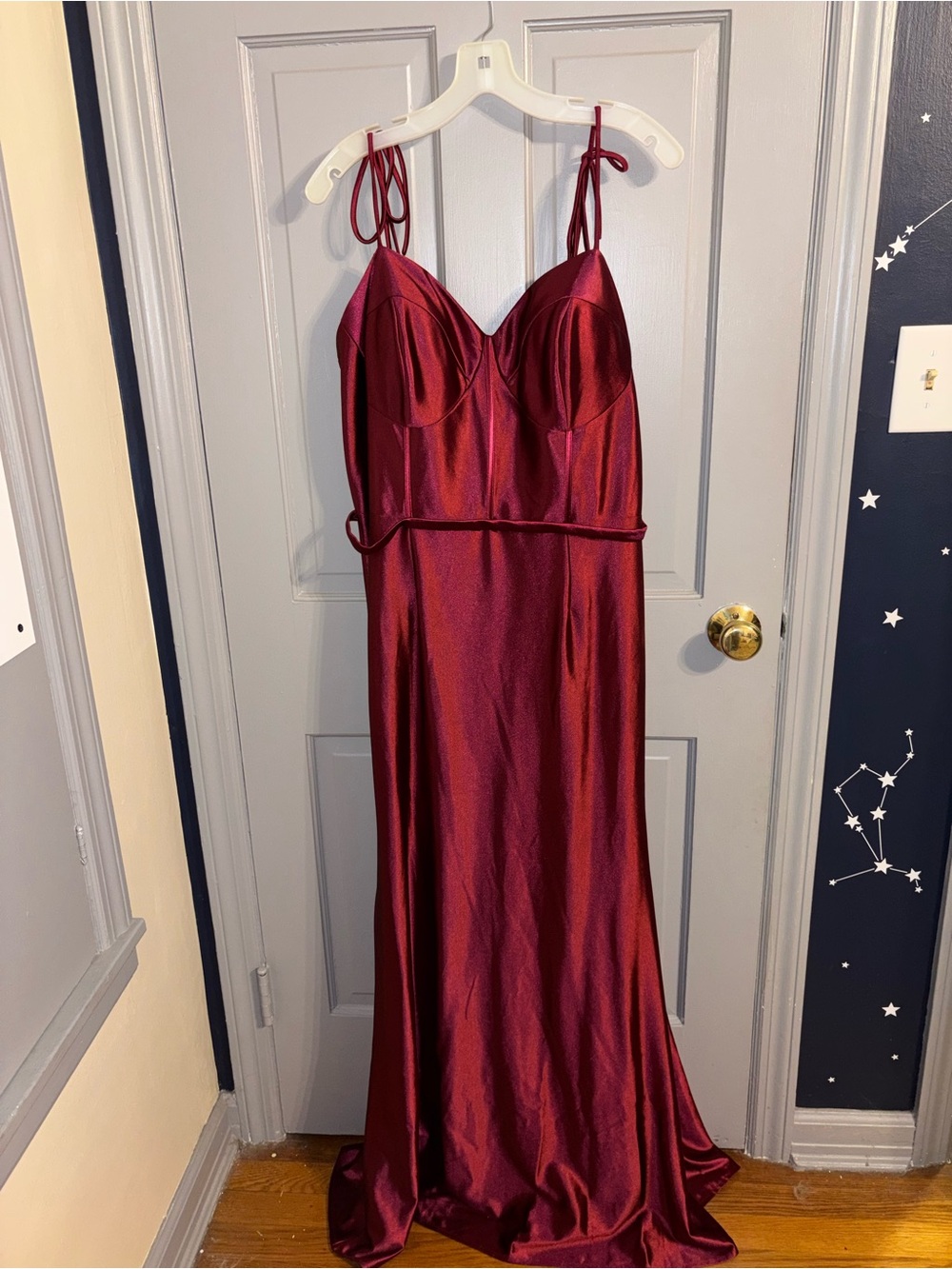 Elegant Burgundy Satin Prom Dress with Tie Straps
